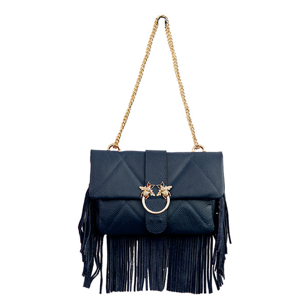 BEES - Blue Leather Clutch with Fringes