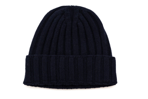 Navy blue ribbed cashmere beanie