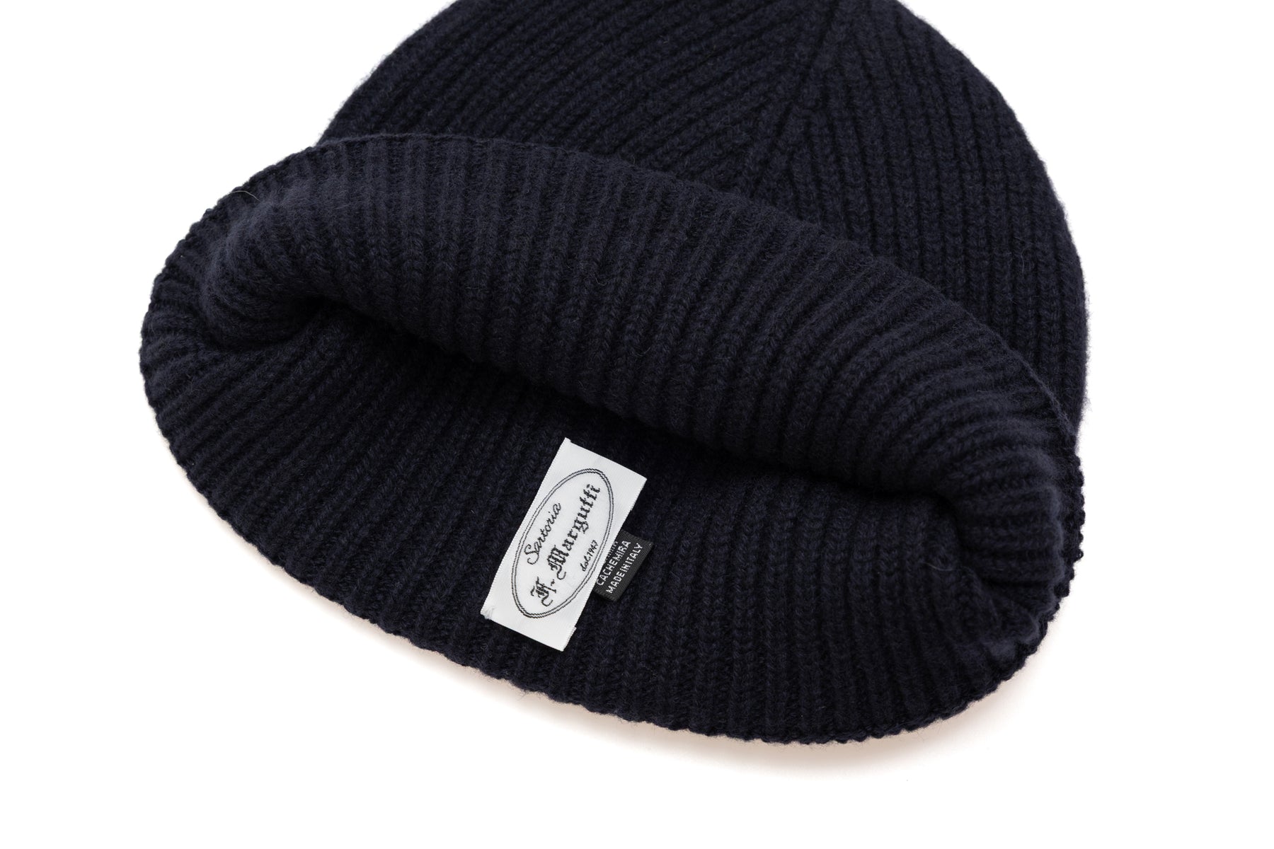 Blauwe geribbelde kasjmier muts