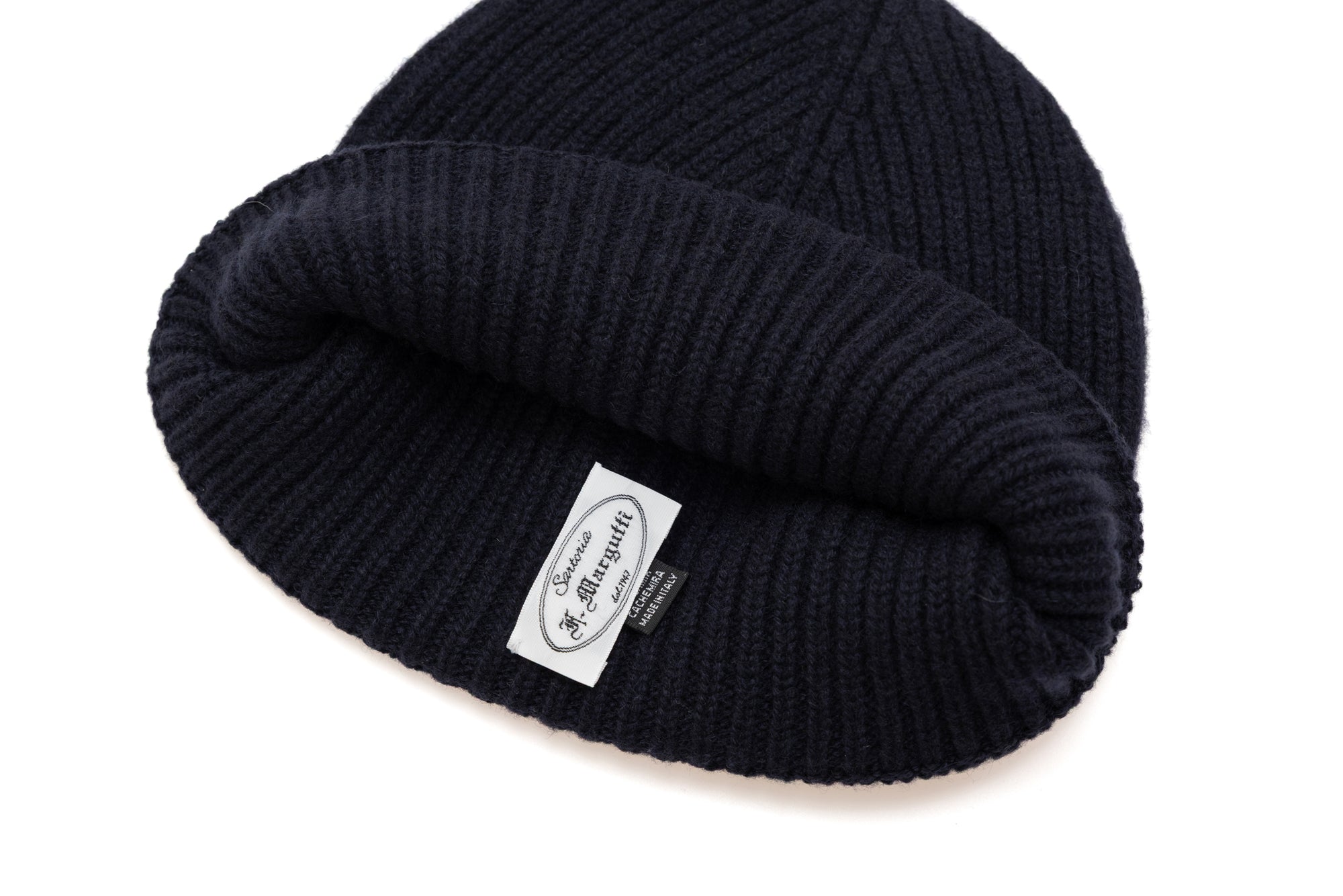 Blauwe geribbelde kasjmier muts