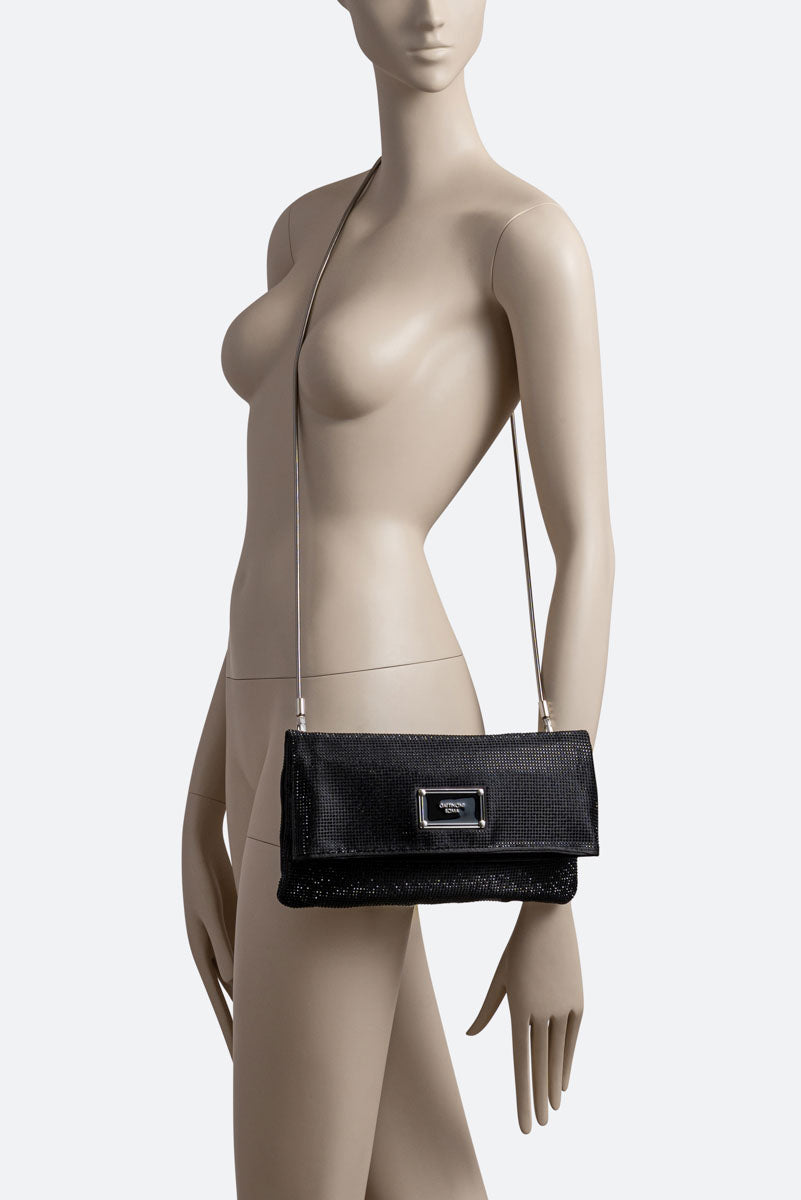 Fluffy clutch in satin and black crystals