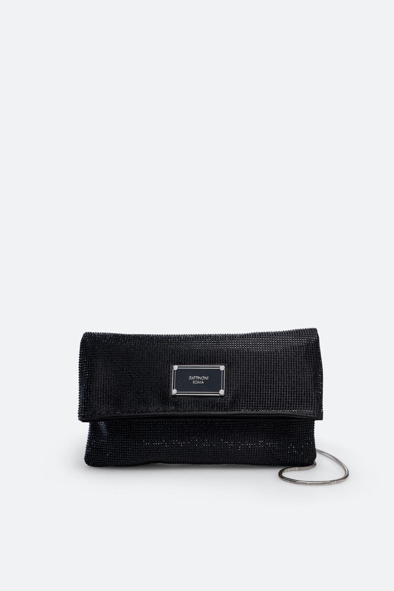 Fluffy clutch in satin and black crystals