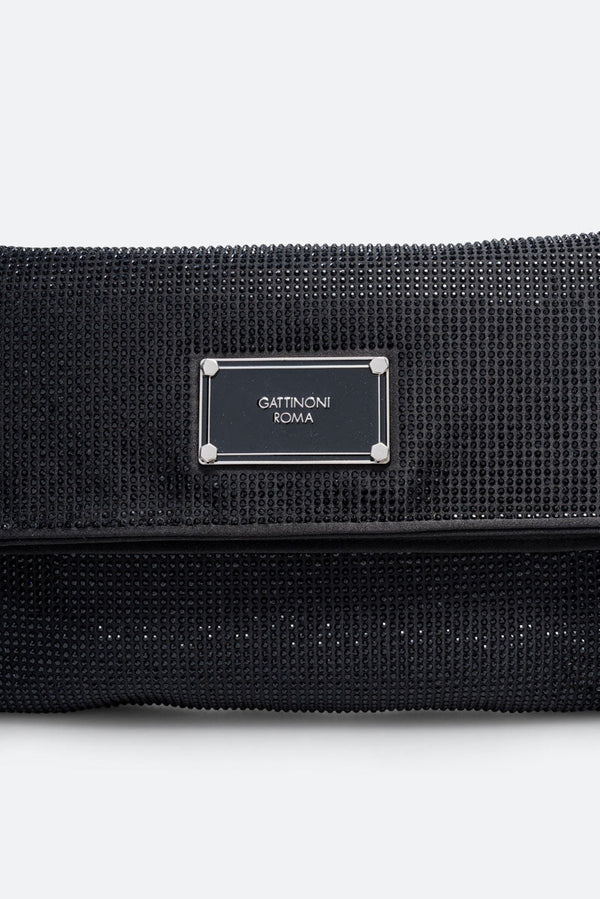 Fluffy clutch in satin and black crystals