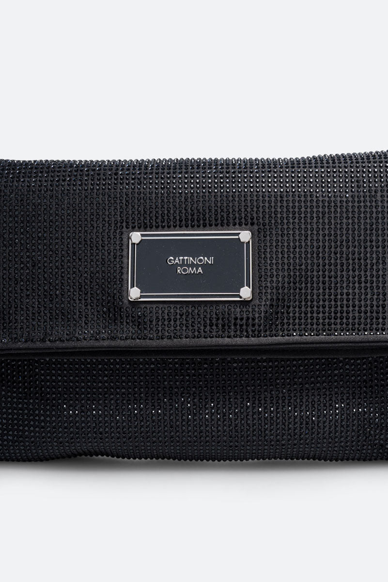Fluffy clutch in satin and black crystals