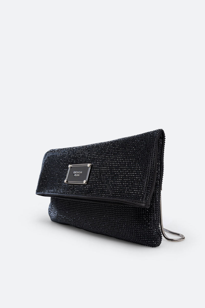 Fluffy clutch in satin and black crystals