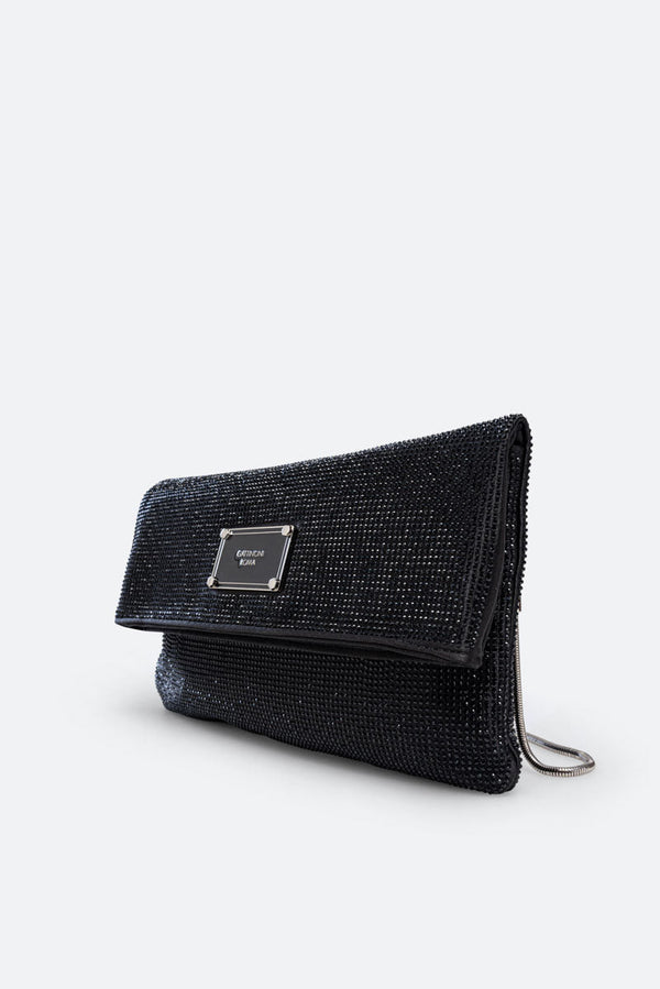 Fluffy clutch in satin and black crystals