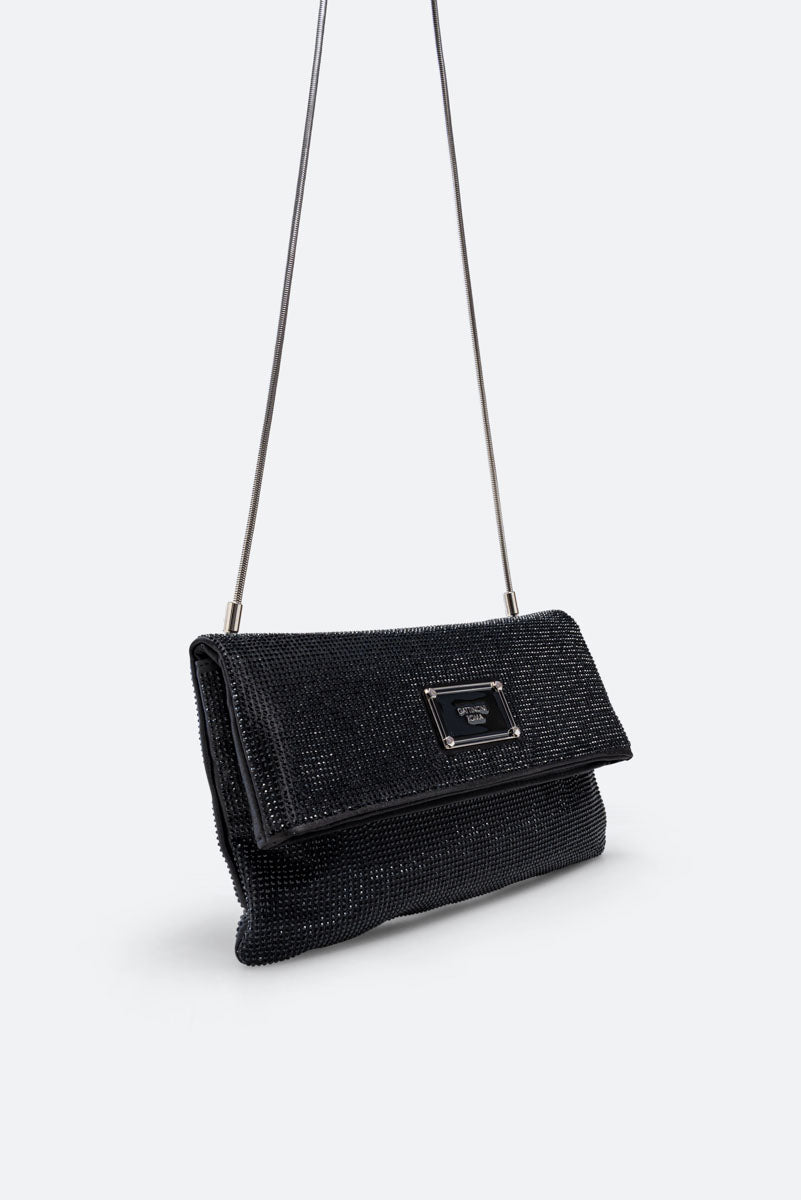 Fluffy clutch in satin and black crystals