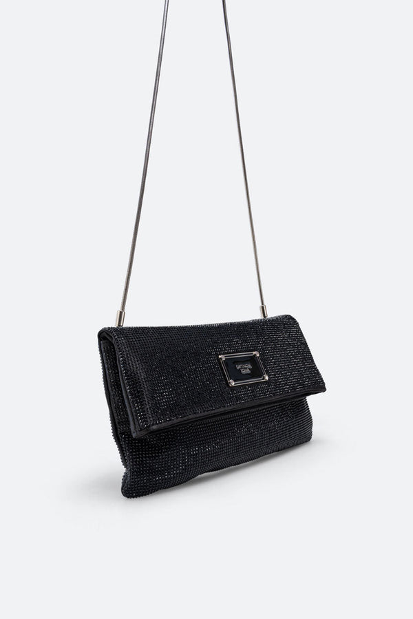 Fluffy clutch in satin and black crystals