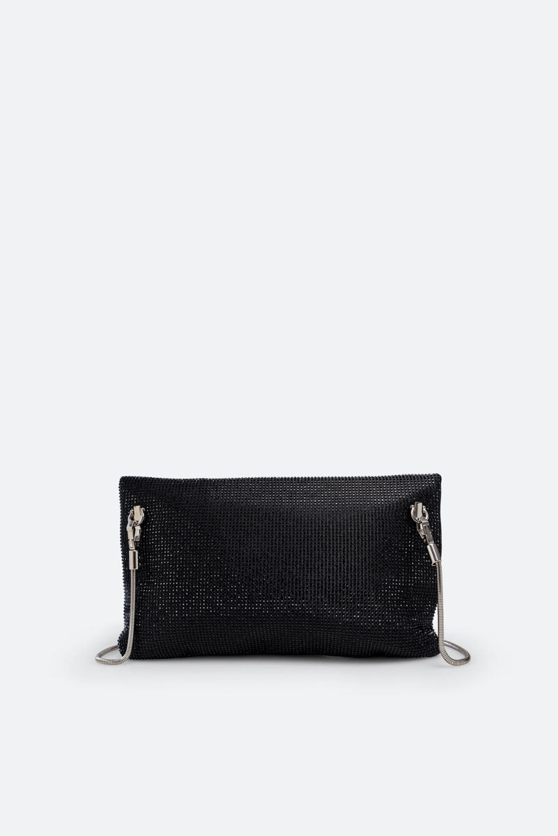 Fluffy clutch in satin and black crystals