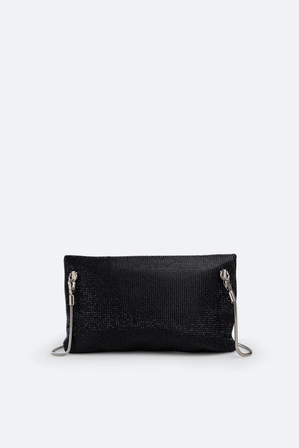 Fluffy clutch in satin and black crystals