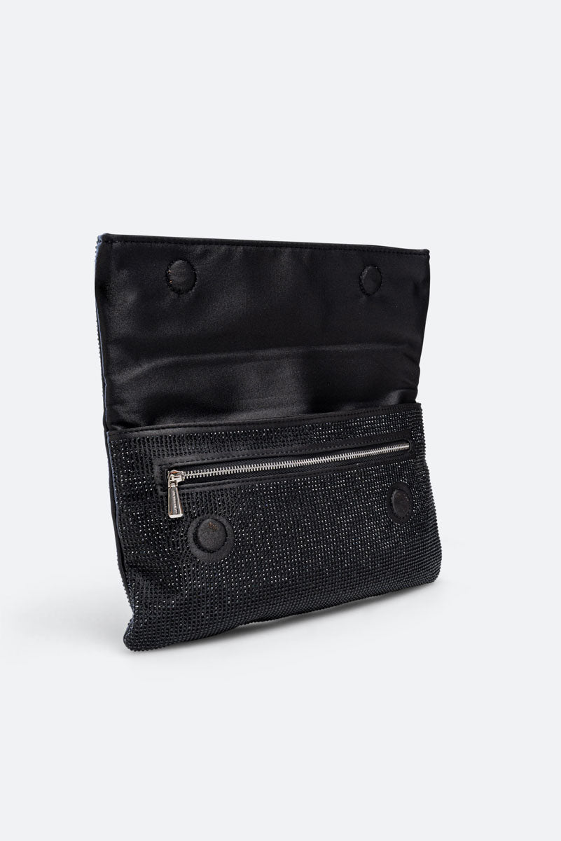 Fluffy clutch in satin and black crystals