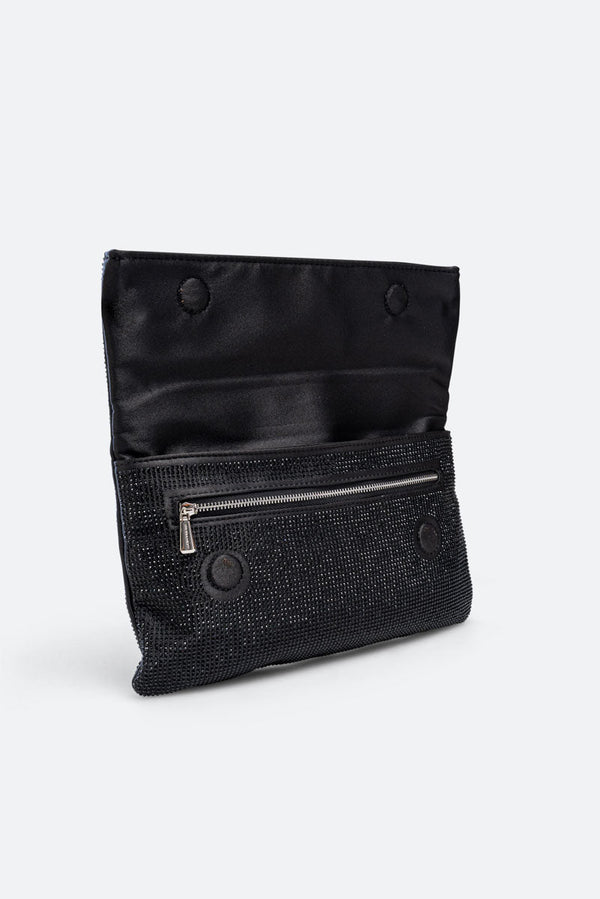 Fluffy clutch in satin and black crystals