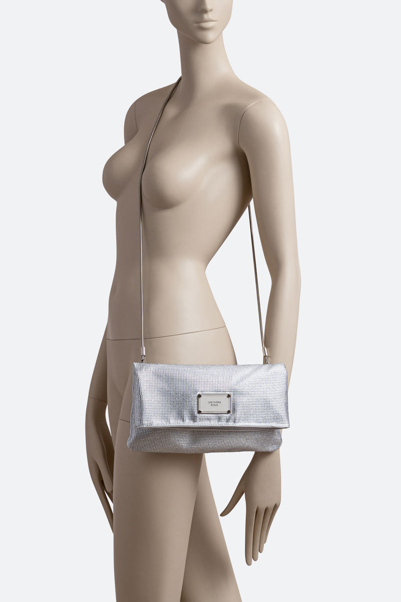 Fluffy clutch in satin and crystals Gray