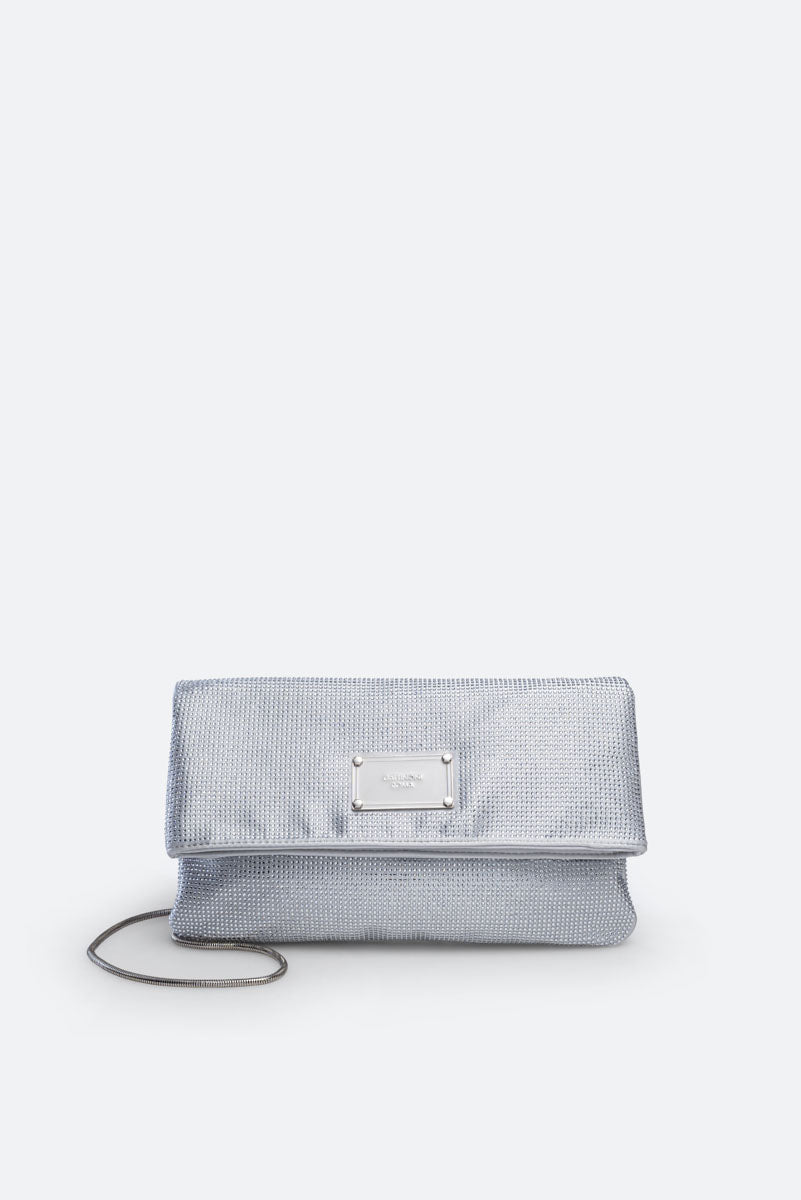 Fluffy clutch in satin and crystals Gray