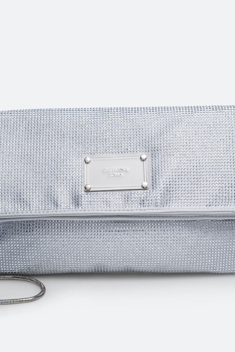 Fluffy clutch in satin and crystals Gray