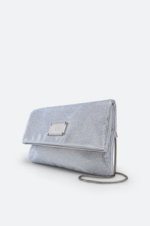Fluffy clutch in satin and crystals Gray