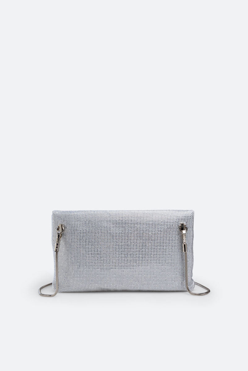 Fluffy clutch in satin and crystals Gray