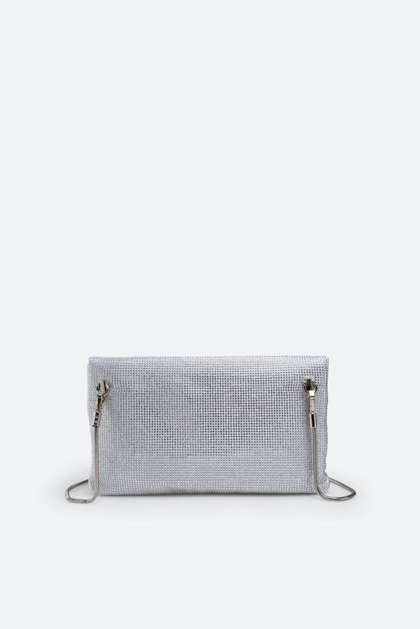 Fluffy clutch in satin and crystals Gray