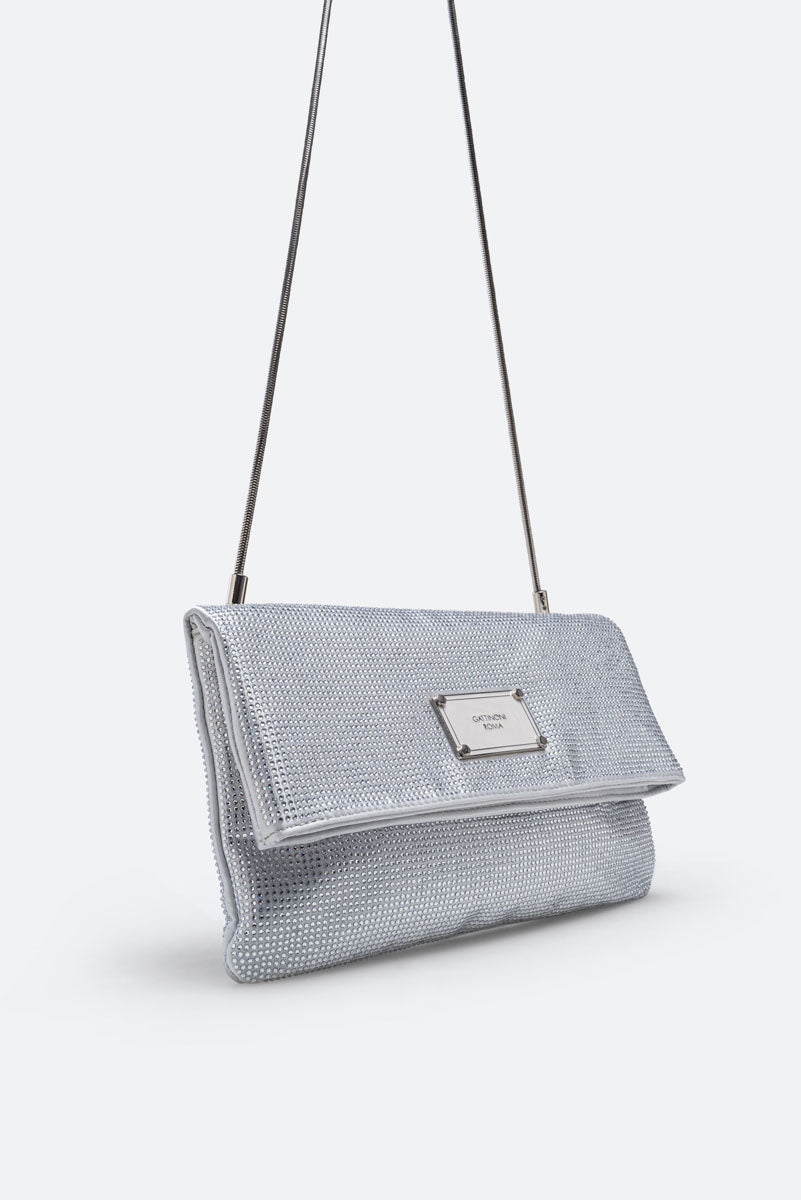Fluffy clutch in satin and crystals Gray