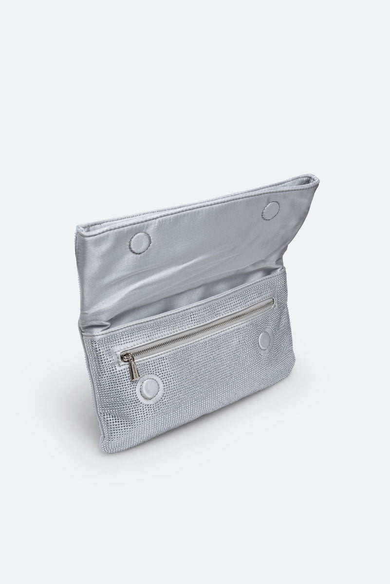 Fluffy clutch in satin and crystals Gray