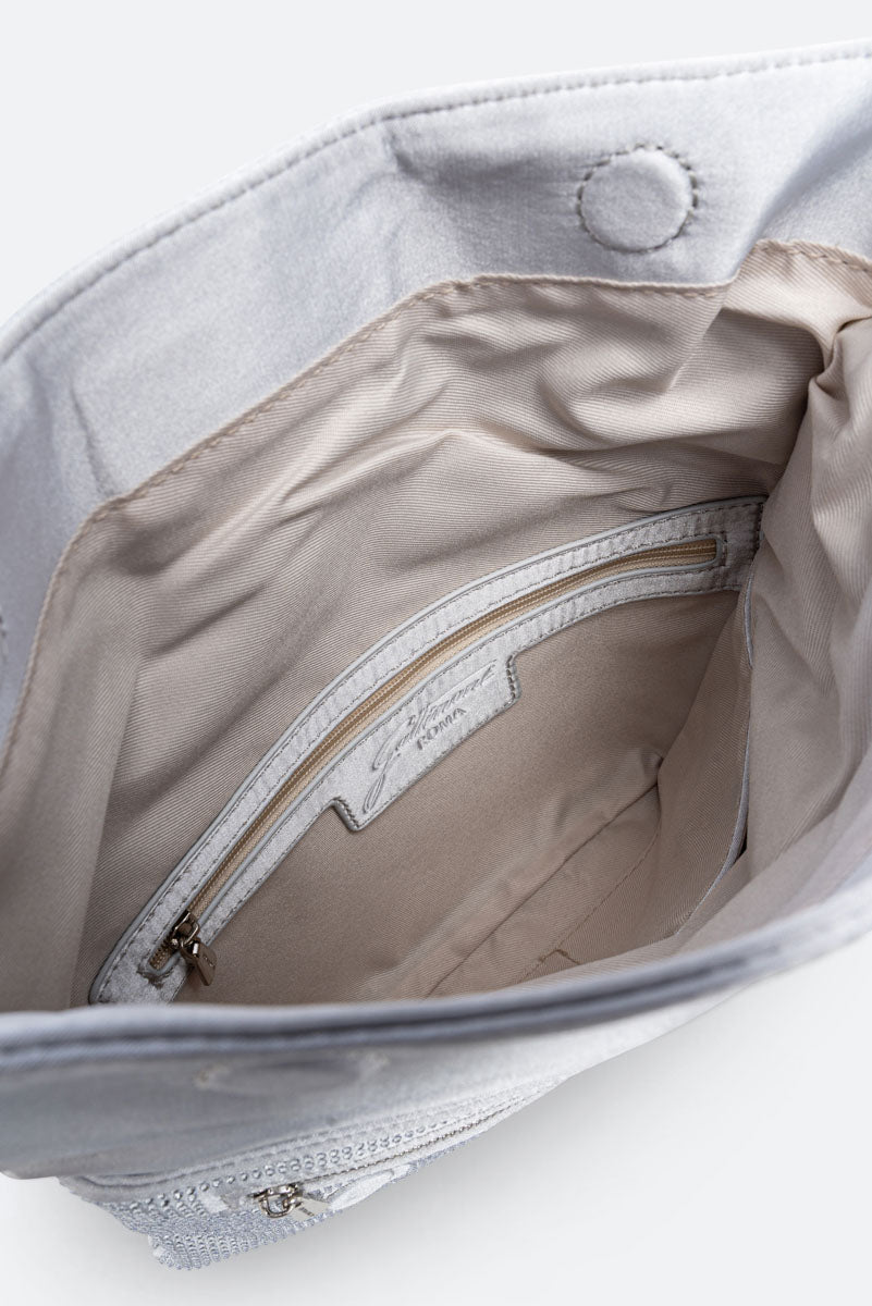 Fluffy clutch in satin and crystals Gray