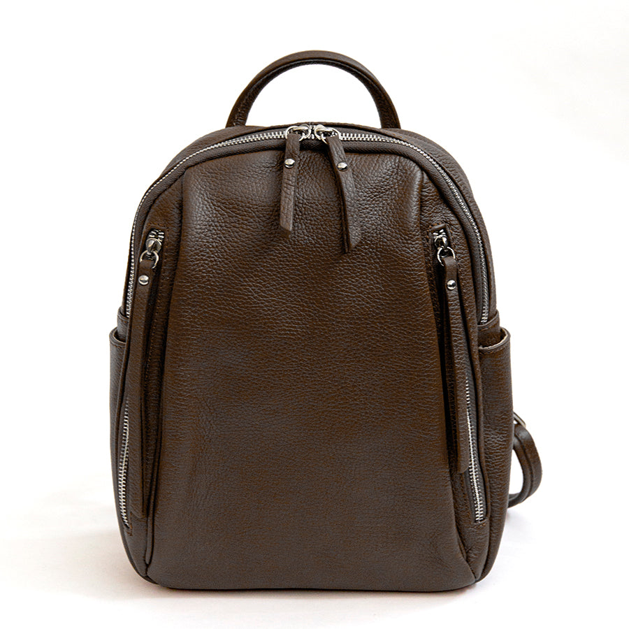 BOSTON - Backpack with dark brown leather pockets