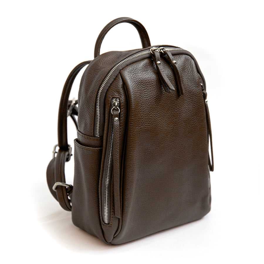 BOSTON - Backpack with dark brown leather pockets