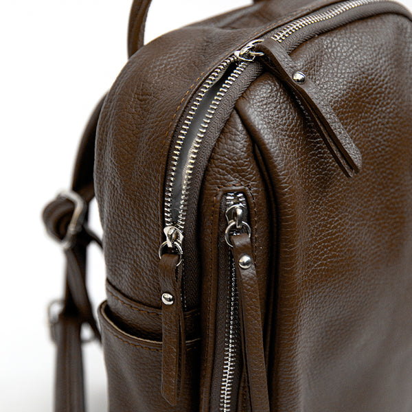 BOSTON - Backpack with dark brown leather pockets