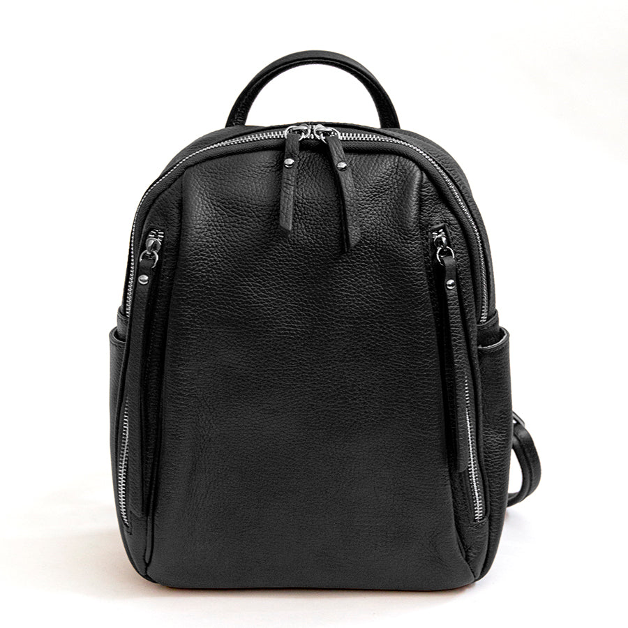 BOSTON - Black Leather Pocket Backpack