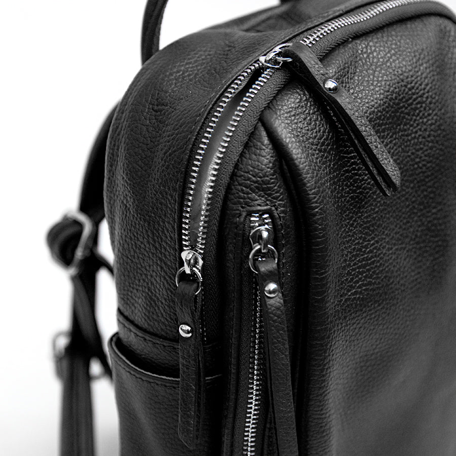 BOSTON - Black Leather Pocket Backpack