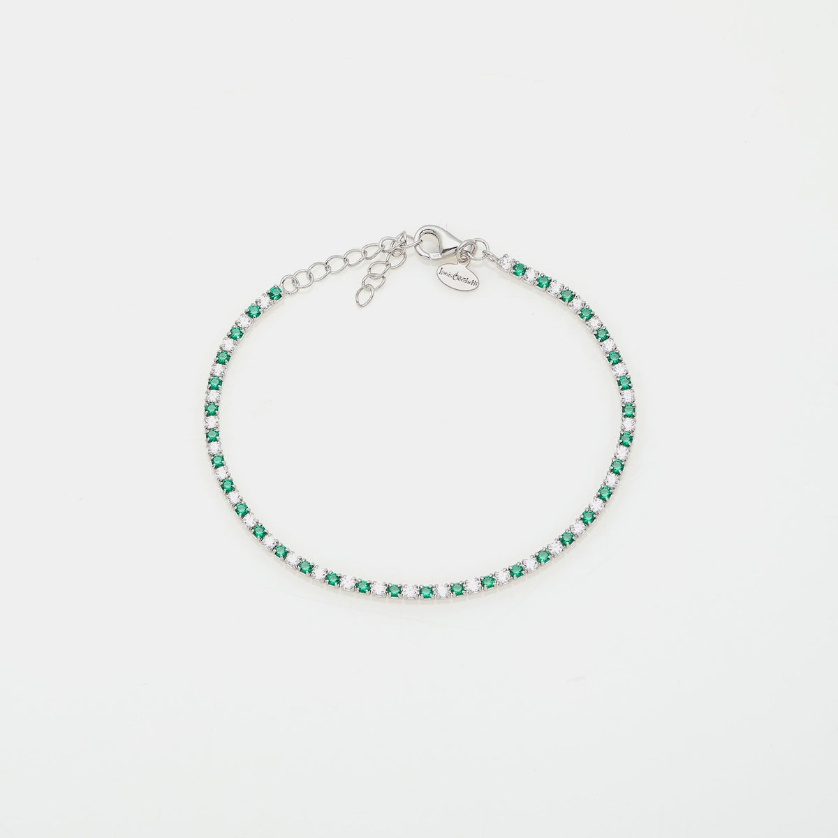 Rhodium-plated silver tennis bracelet with green and white zirconia 2.0 mm