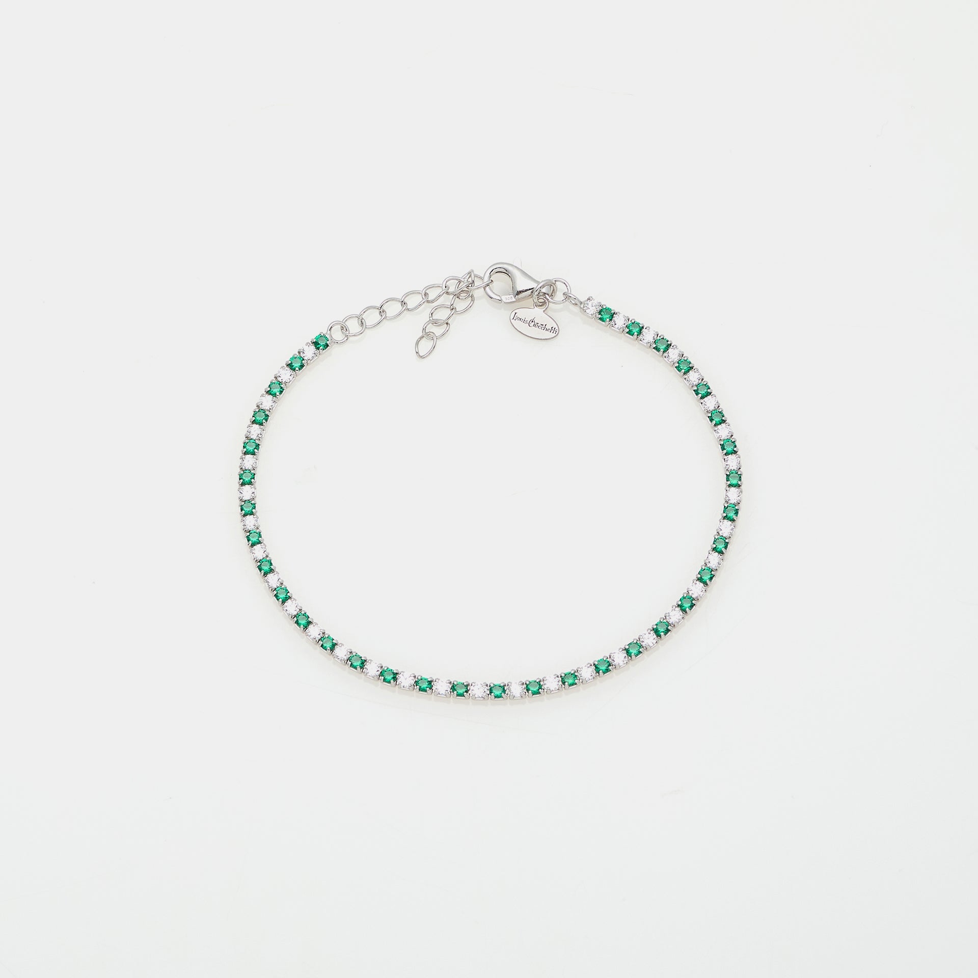 Rhodium-plated silver tennis bracelet with green and white zirconia 2.0 mm
