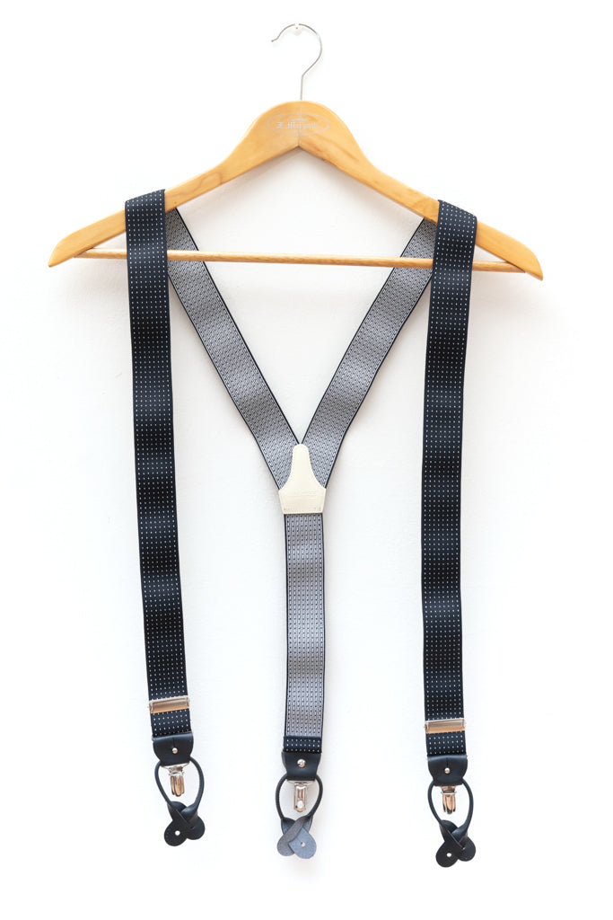 Blue suspenders with white microdots