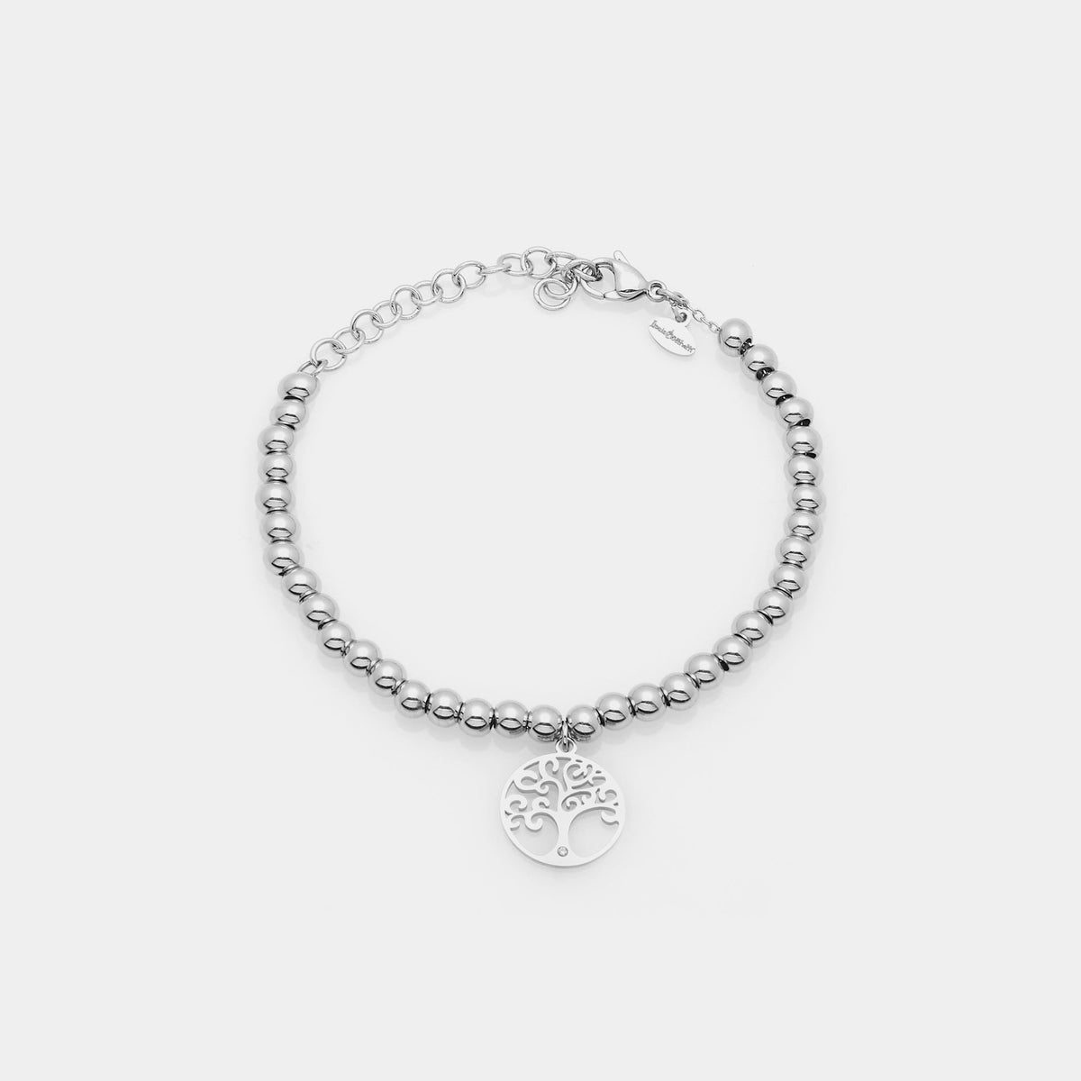 Bracelet in steel with shiny spheres and central pendant tree of life cut-out