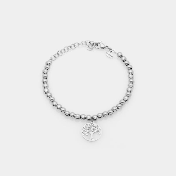 Bracelet in steel with shiny spheres and central pendant tree of life cut-out