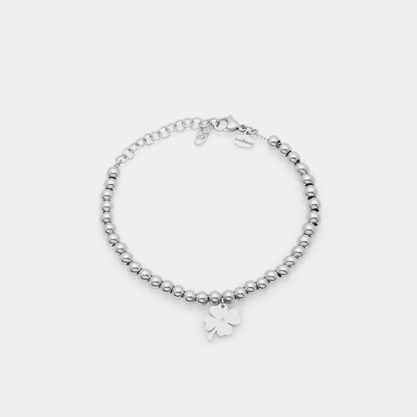 Bracelet steel shiny spheres and central clover pendant