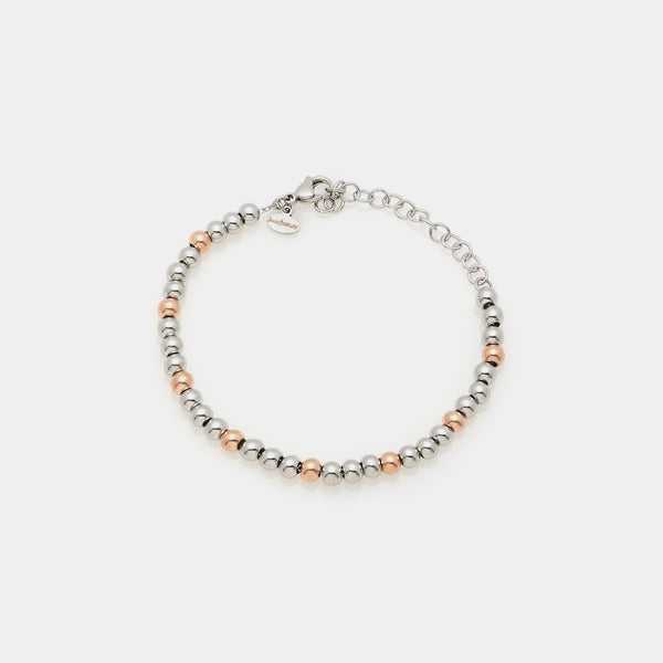 Pulsera de acero con esferas brillantes y cada 3 esferas de acero 1 esfera de color rosa