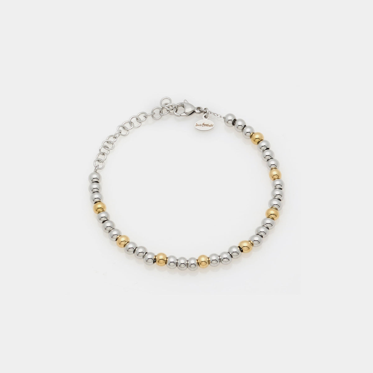 Bracelet in steel with shiny spheres and every 3 steel spheres 1 golden sphere