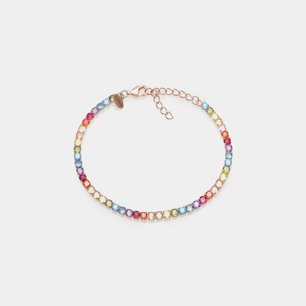 Rose gold tennis bracelet with multicolor rainbow zirconia mm 3.0