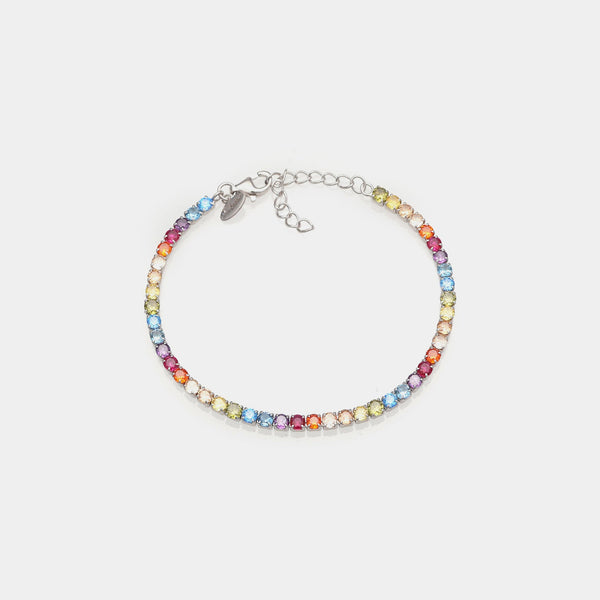 Rhodium-plated silver tennis bracelet with multicolor rainbow zirconia mm 3.0