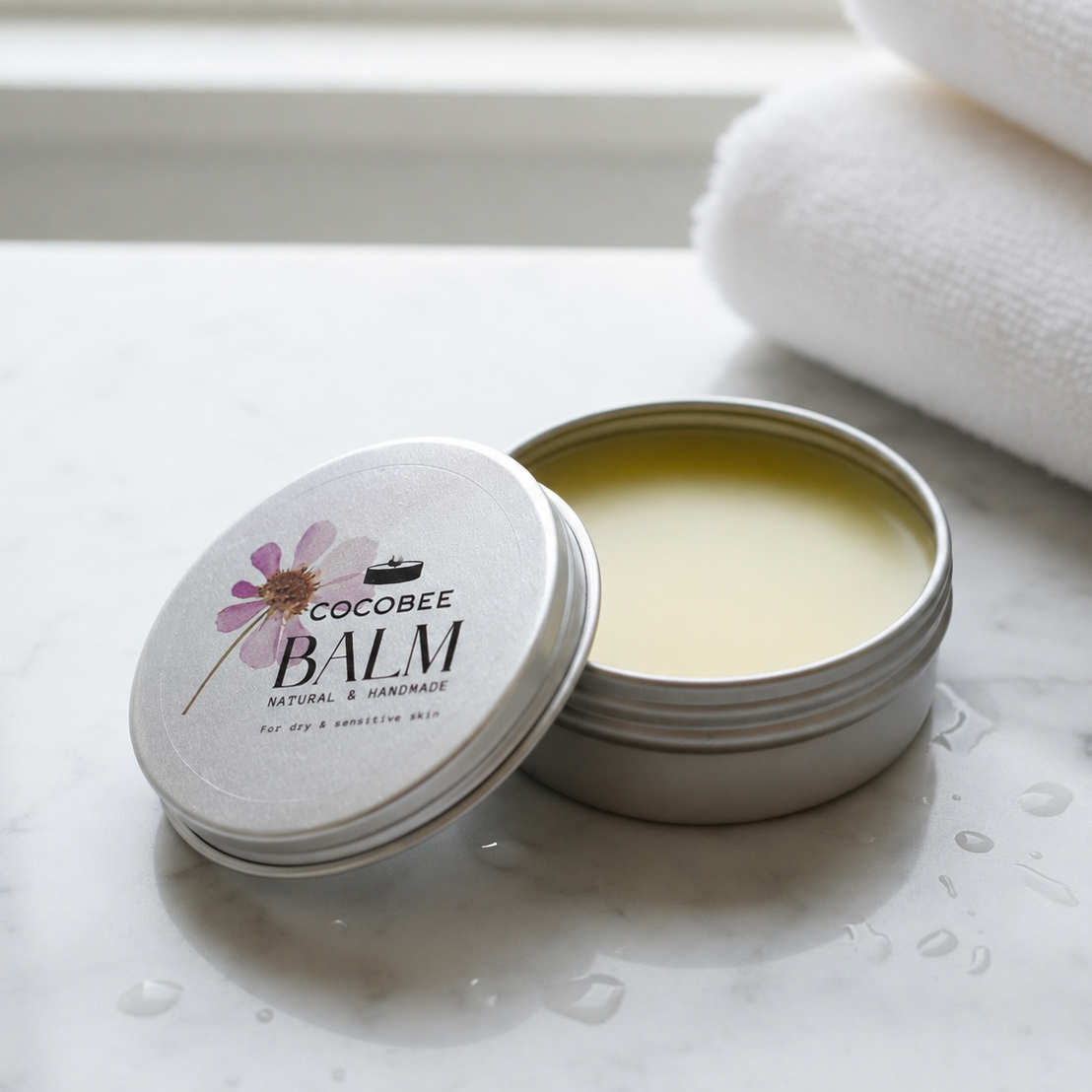 CocoBee body balm tin styled with a white towel - mango butter, jojoba oil, coconut wax