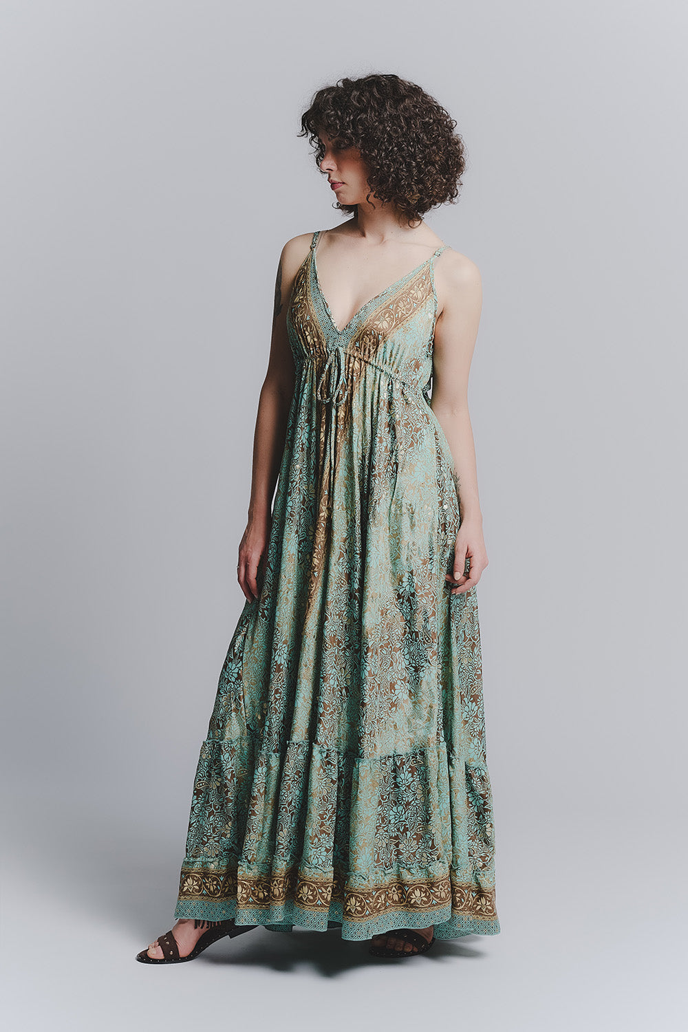 Vestido Largo Gitano Turquesa con Tirantes Finos