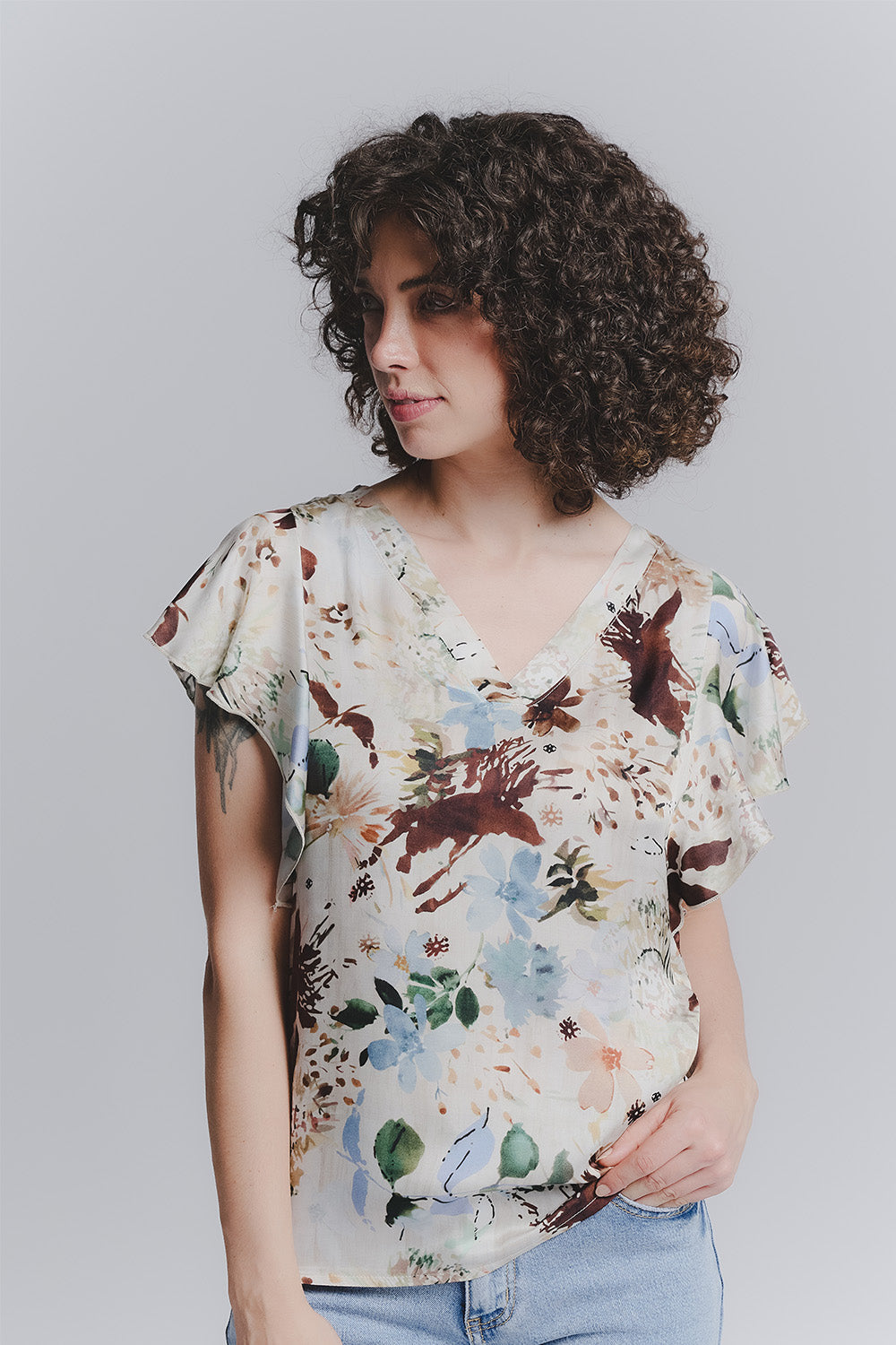Blusa Maniche Volant Fiori Celeste