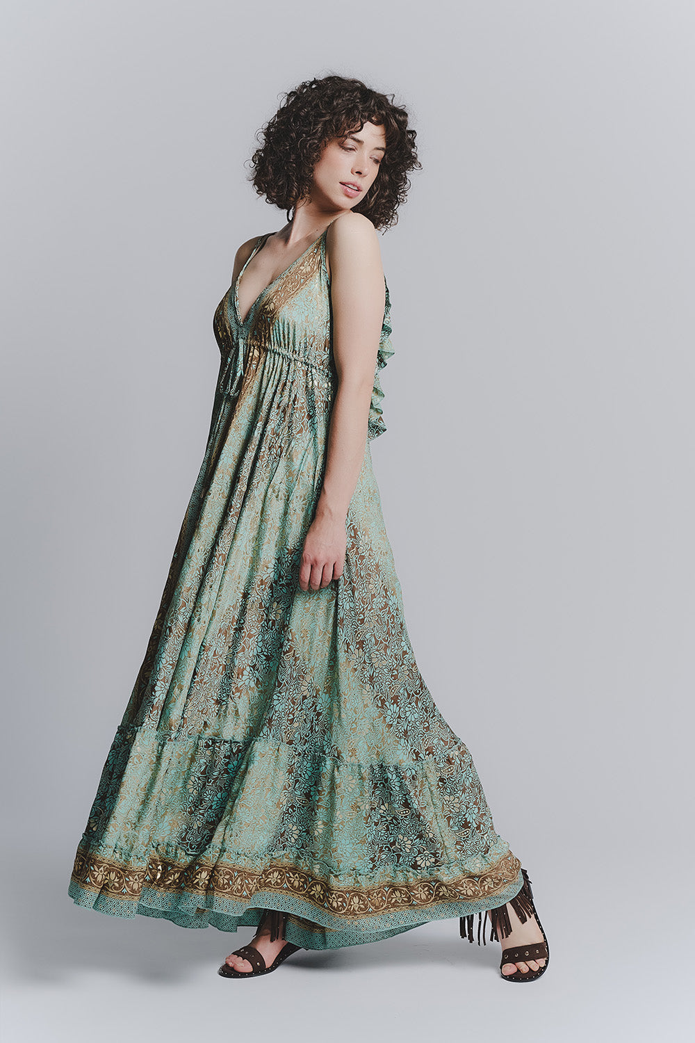 Vestido Largo Gitano Turquesa con Tirantes Finos