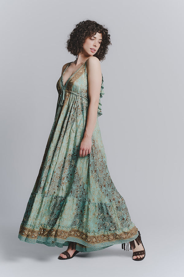 Vestido Largo Gitano Turquesa con Tirantes Finos