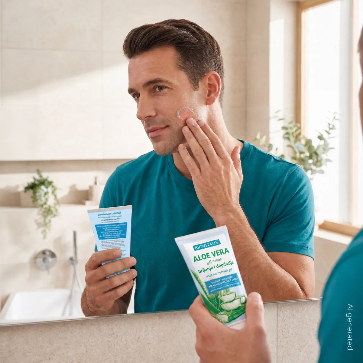 Muškarac nanosi BIOVITALIS ALOE VERA gel nakon brijanja i depilacije