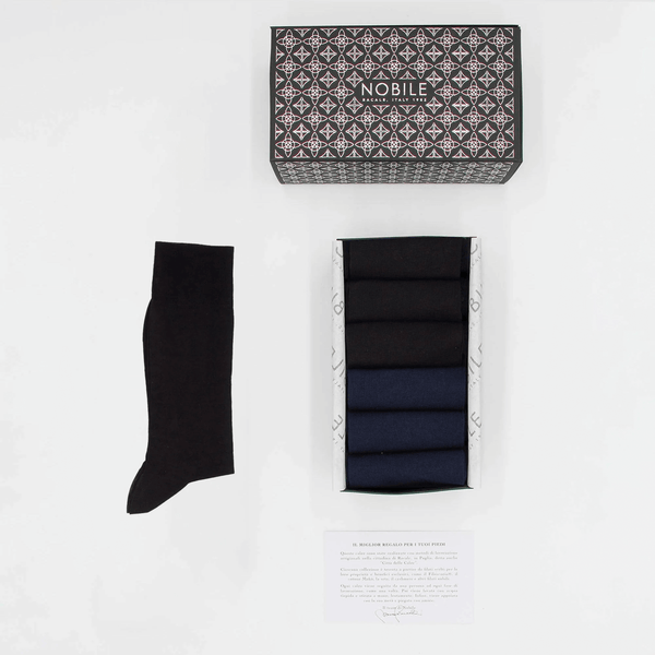 Box Short Chiffon Cashmere Socks from Hircus Goat - 3x Black/3x Blue