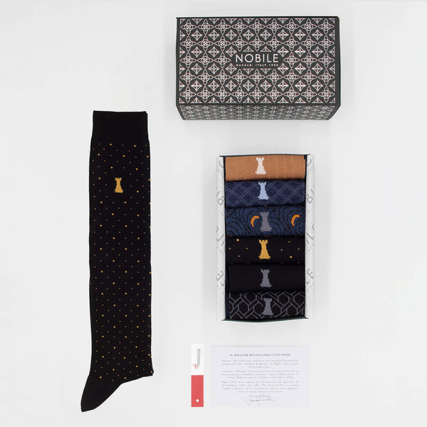 Noble Evening Box of 6 Long Socks - Dots, Ribbed, Solid Color & Pattern