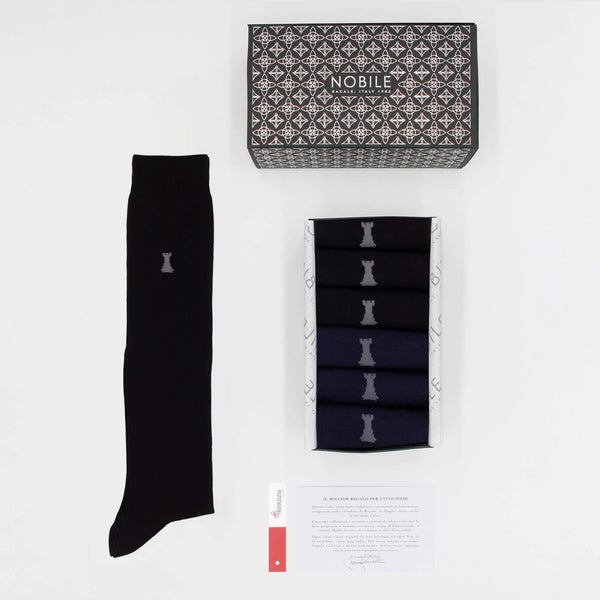 Basic Box of 6 Long Socks - 3 x Solid Black / 3 x Solid Blue