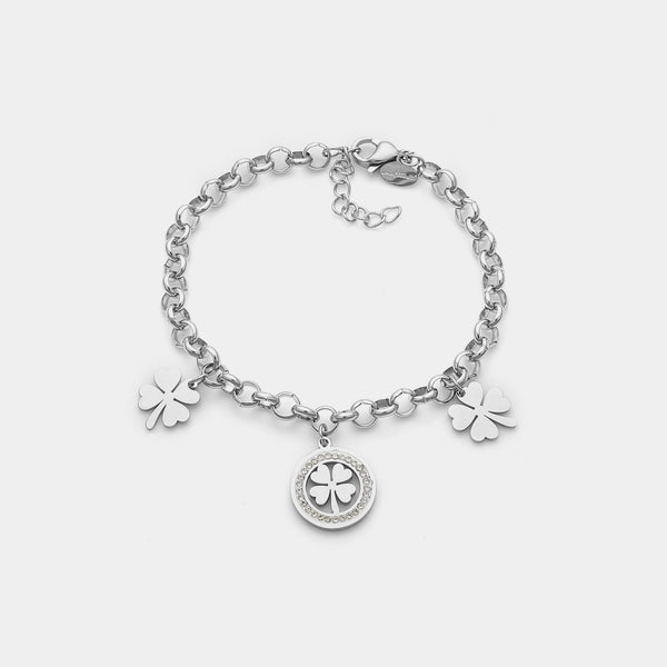 Bracciale acciaio maglia rolò con 2 quadrifogli pendenti e 1 centrale con pietre bianche
